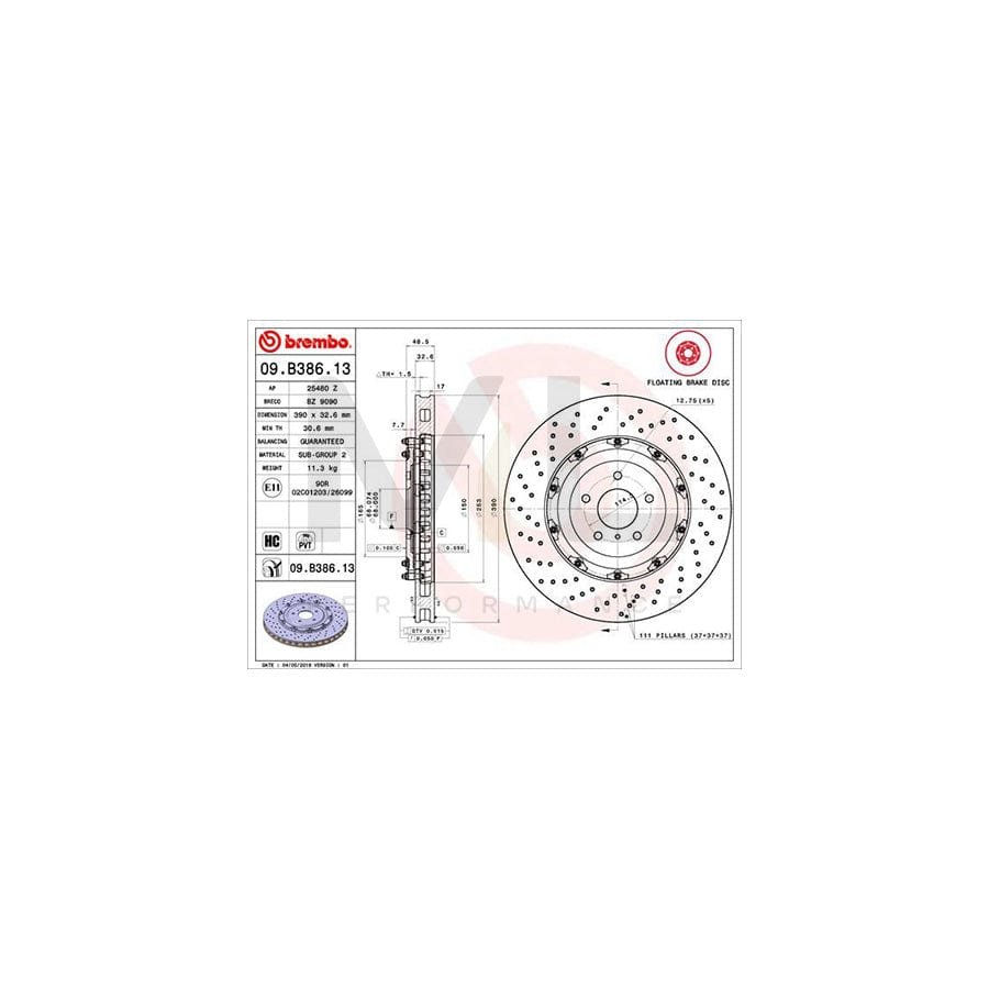 BREMBO TWO-PIECE FLOATING DISCS LINE 09.B386.13 Brake Disc for NISSAN GT-R (R35) Perforated / Vented, Two-piece brake disc, Coated, High-carbon | ML Performance Car Parts