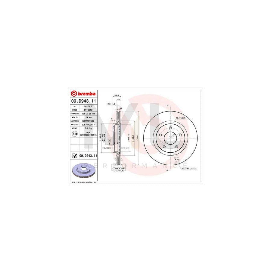 BREMBO 09.D943.11 Brake Disc for RENAULT Koleos II (HC) Internally Vented, Coated | ML Performance Car Parts