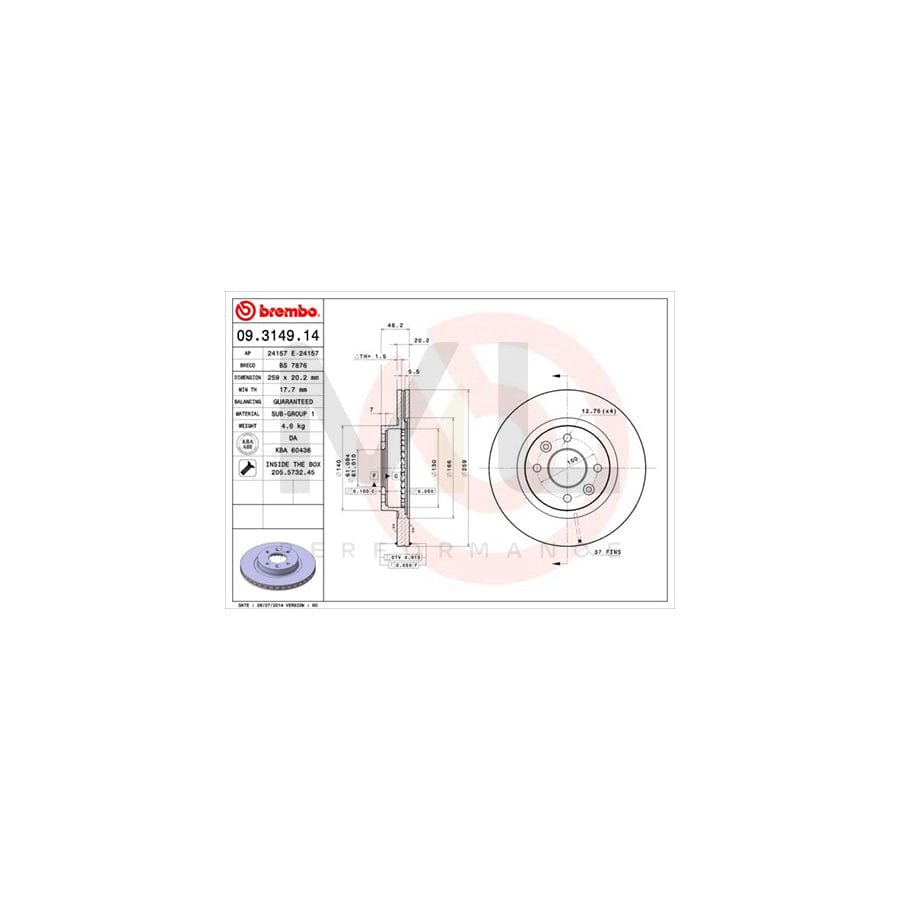 BREMBO 09.3149.14 Brake Disc Internally Vented, with bolts/screws | ML Performance Car Parts