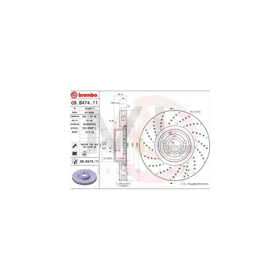 BREMBO COATED DISC LINE 09.B474.11 Brake Disc suitable for MERCEDES-BENZ SL Convertible (R231) Perforated / Vented, Coated, High-carbon, with bolts/screws | ML Performance Car Parts