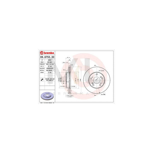 BREMBO 09.6753.30 Brake Disc for HONDA Civic VII Hatchback (EU, EP, EV) Internally Vented, with bolts/screws | ML Performance Car Parts