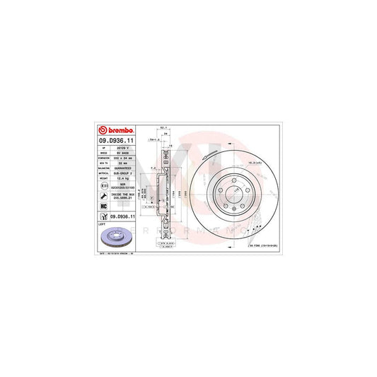 BREMBO 09.D936.11 Brake Disc for PORSCHE Macan (95B) Internally Vented, Slotted, Coated, High-carbon, with bolts/screws | ML Performance Car Parts