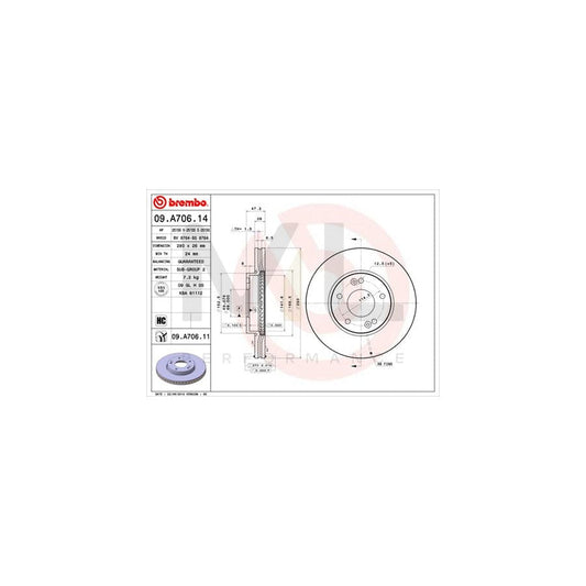BREMBO COATED DISC LINE 09.A706.11 Brake Disc for KIA Carens III (UN) Internally Vented, Coated, High-carbon | ML Performance Car Parts