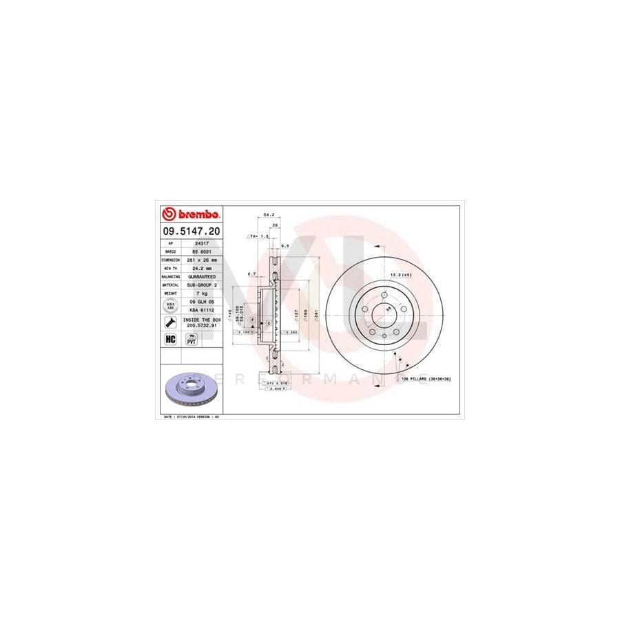 BREMBO 09.5147.20 Brake Disc for LANCIA Delta I (831) Internally Vented, with bolts/screws | ML Performance Car Parts
