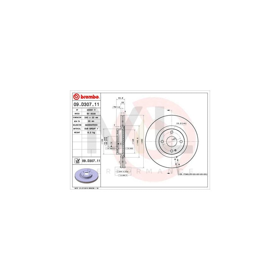 BREMBO 09.D307.11 Brake Disc Internally Vented, Coated | ML Performance Car Parts