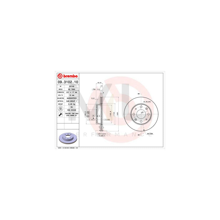 BREMBO 09.3102.10 Brake Disc Internally Vented, with bolts/screws | ML Performance Car Parts
