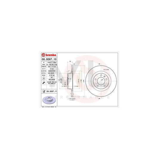 BREMBO 08.9367.10 Brake Disc for PEUGEOT 407 Coupe Solid, with bolts/screws | ML Performance Car Parts