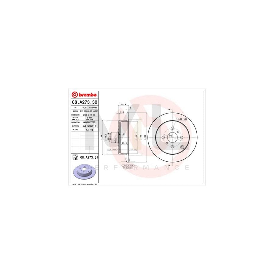 BREMBO COATED DISC LINE 08.A273.31 Brake Disc for TOYOTA Corolla IX Saloon (E120) Solid, Coated | ML Performance Car Parts
