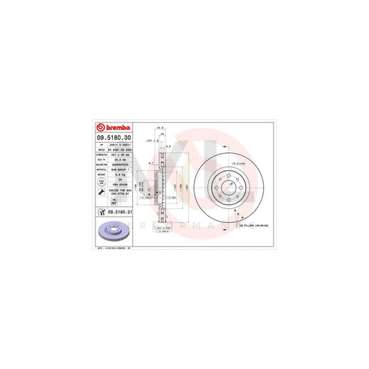 BREMBO COATED DISC LINE 09.5180.31 Brake Disc Internally Vented, Coated, with bolts/screws | ML Performance Car Parts